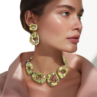 Oscar de la Renta Textured Metal and Crystal Hammered Collar Necklace 16" Long