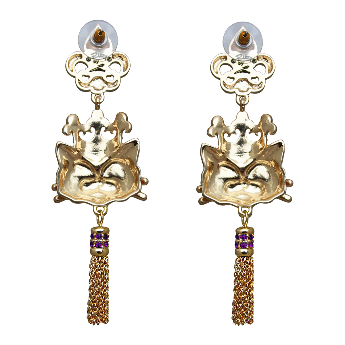 Ritzy Couture Princess Kitty Royal Crown Tabby Cat Enamel Tassel Earrings-Goldtone