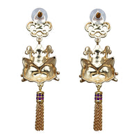 Ritzy Couture Princess Kitty Royal Crown Tabby Cat Enamel Tassel Earrings-Goldtone