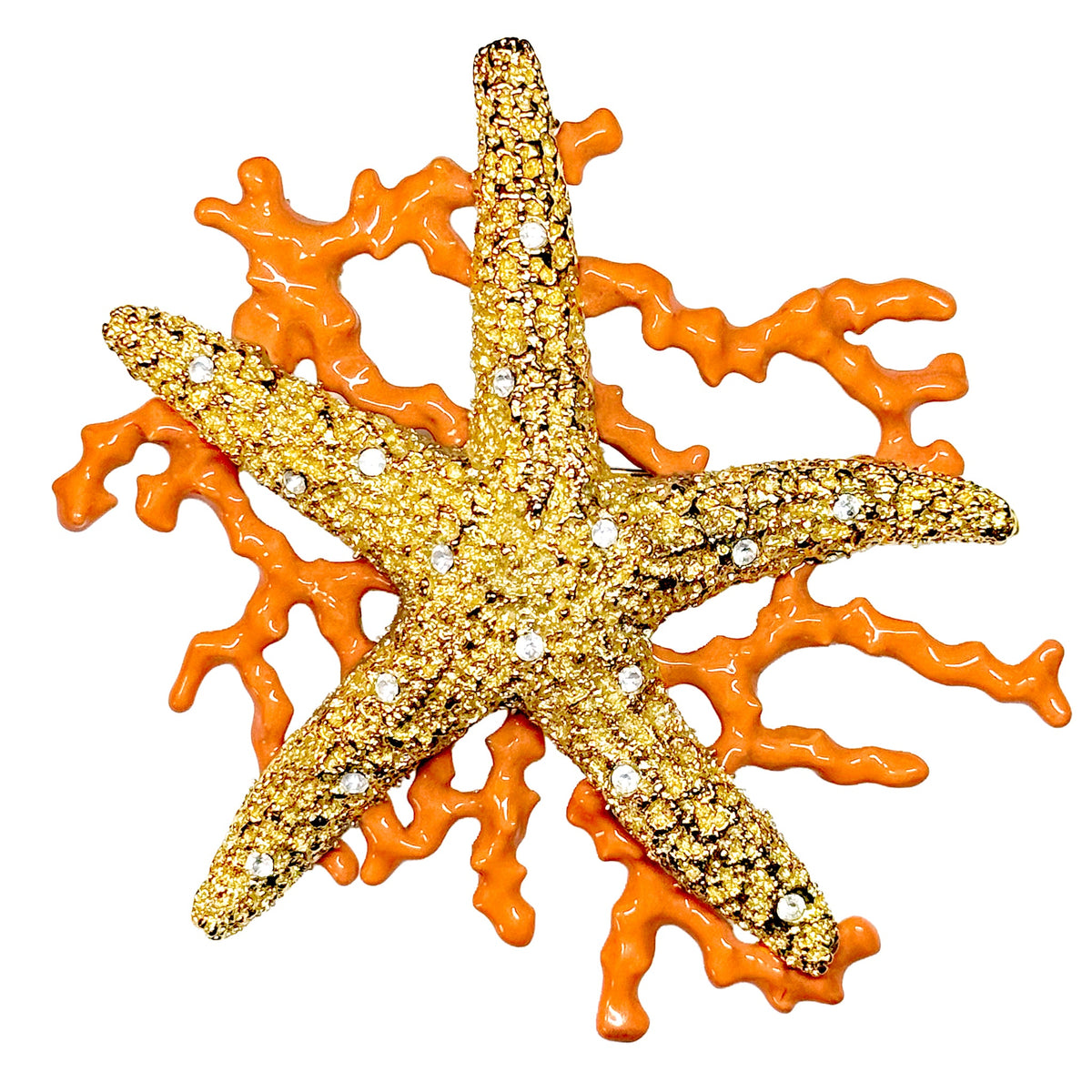 Kenneth Jay Lane Original Sample Coral Reef Starfish Pin Gold Plating Crystal USA