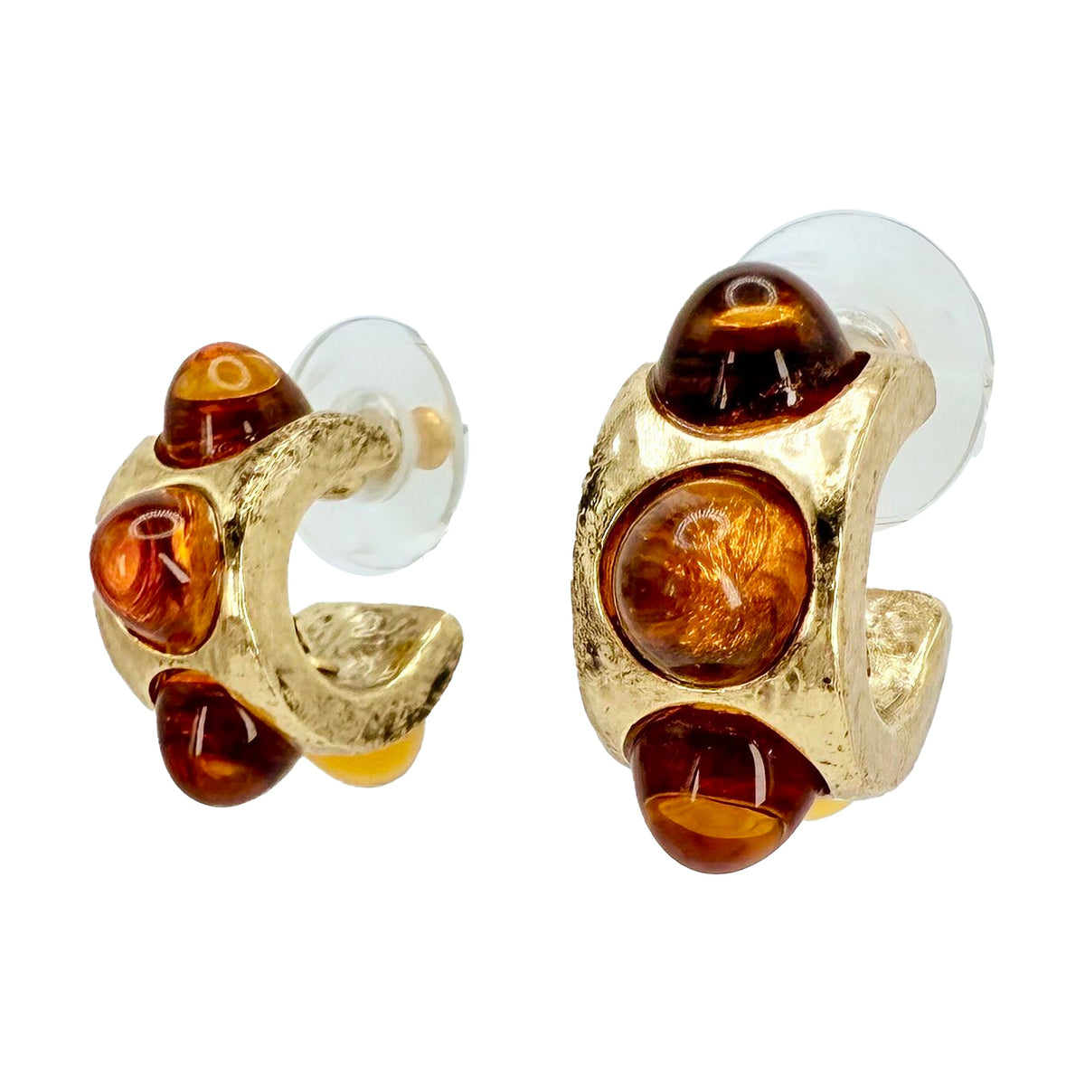 Oscar de la Renta 22k Gold Plate Smoke Topaz Resin Cabochon Huggie Post Earrings