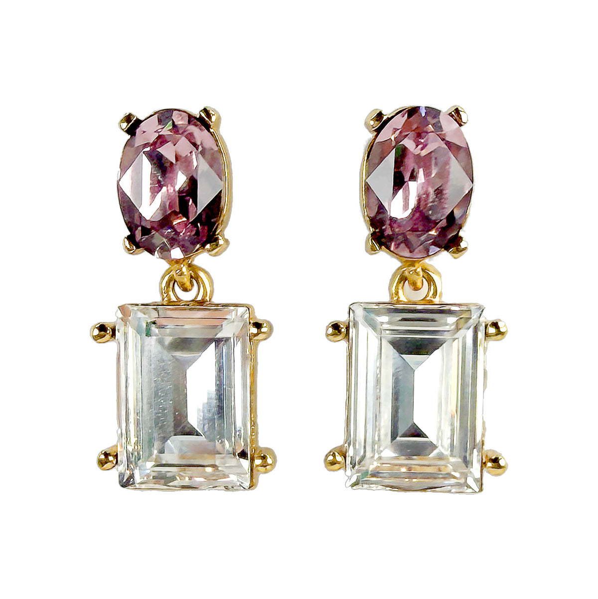 Oscar de la Renta Gold Plated Light Amethyst Crystal Rectangle Drop Post Earrings