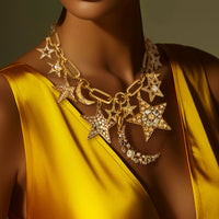 Oscar De La Renta Gold Crystal Star And Moon Celestial Charm Statement Necklace