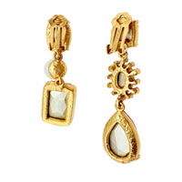 Close-up of Oscar de la Renta asymmetrical clip-on earrings featuring rose and light rose Austrian crystals with pearl accents, set in antique gold plating