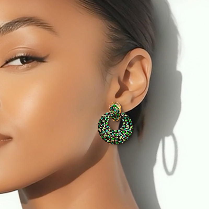 Oscar De La Renta Emerald Green Gold Swarovski Crystals Doorknocker Clip Hoops