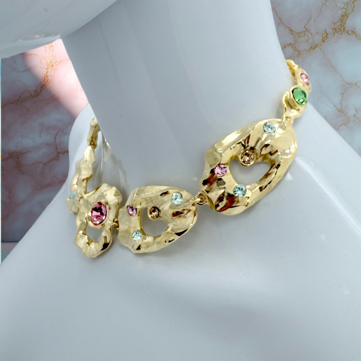 Oscar de la Renta Textured Metal and Crystal Hammered Collar Necklace 16" Long