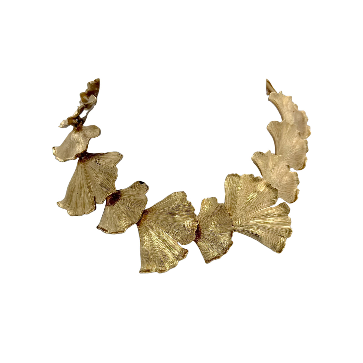 Oscar de la Renta 22K Gold Plated Pewter Brass Ginkgo Leaf Statement Necklace