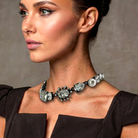 Oscar de la Renta Hematite Plated Crystal Pearl Multi-Stone Statement Necklace
