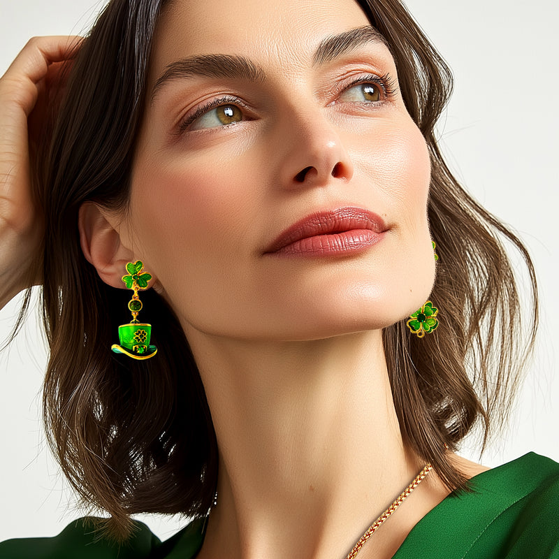 Leprechaun Hat Shamrock Crystal Earrings Ritzy Couture DeLuxe 18k Gold Plating