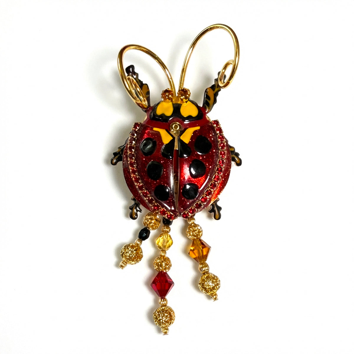 Lunch at The Ritz Ladybug Statement Pin Red Enamel Movable Wings 22k Gold-Plated