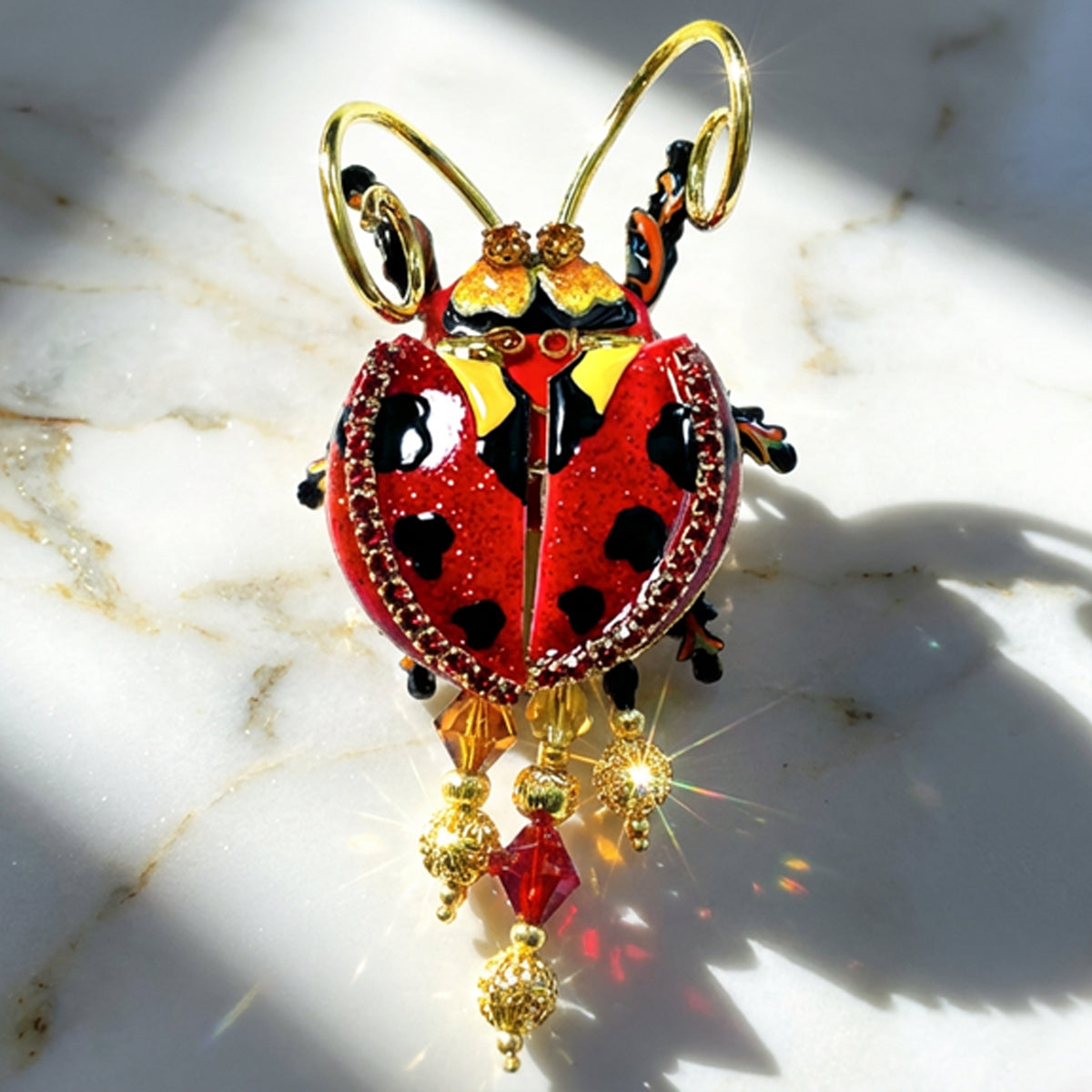 Lunch at The Ritz Ladybug Statement Pin Red Enamel Movable Wings 22k Gold-Plated