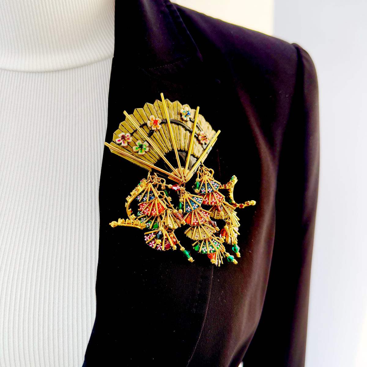 Lunch at The Ritz Asian Fan Brooch with Dangling Multi-Color Fans Gold Plating