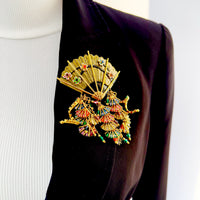 Lunch at The Ritz Asian Fan Brooch with Dangling Multi-Color Fans Gold Plating