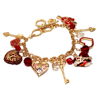 Ritzy Couture Love Life Valentine Red Hearts Charm Bracelet for Women Goldtone