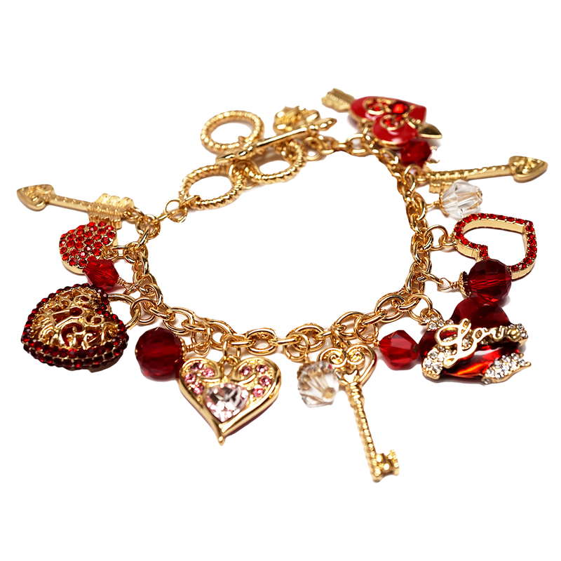 Ritzy Couture Love Life Valentine Red Hearts Charm Bracelet for Women Goldtone