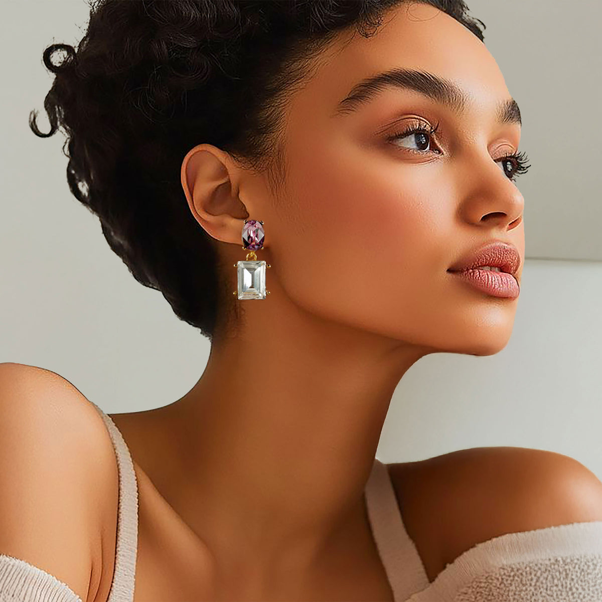 Oscar de la Renta Gold Plated Light Amethyst Crystal Rectangle Drop Post Earrings