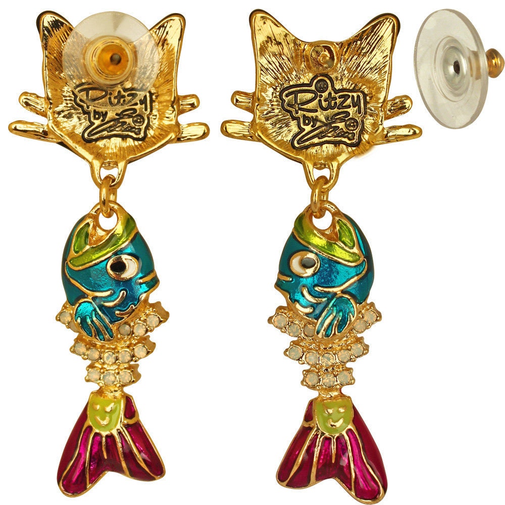 Ritzy Couture Alley Cat & Fishbone Charm Earrings for Women Clip-on Earring (Goldtone)