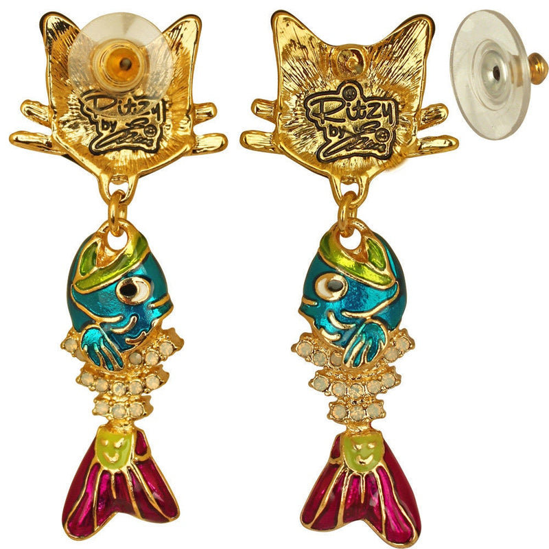 Ritzy Couture Alley Cat & Fishbone Charm Earrings for Women Clip-on Earring (Goldtone)