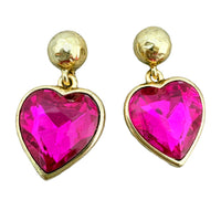 Oscar de la Renta Fuchsia Heart Austrian Crystal 22K Goldtone Post Earrings, 1.75"