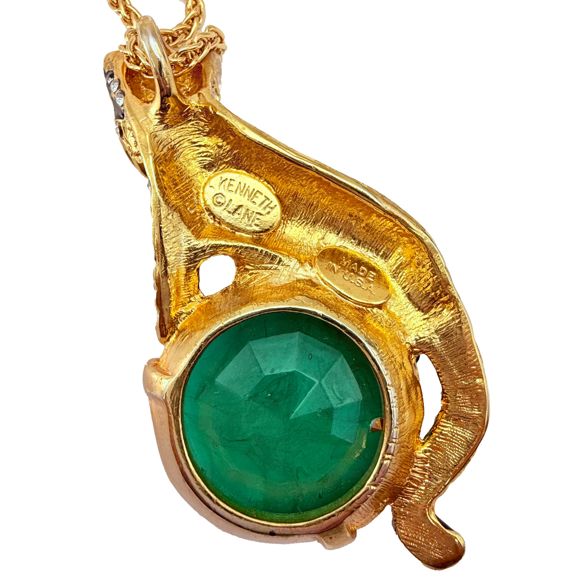 Kenneth Jay Lane Gold Swarovski Crystal Emerald Leopard Pendant Necklace