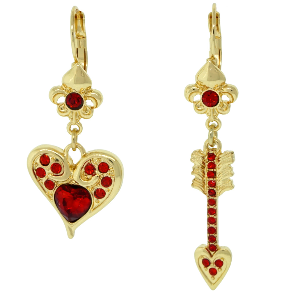 Ritzy Couture Valentine Love and Heart Arrow Dangle Leverback Earrings For Women (Goldtone) - Red/Gold