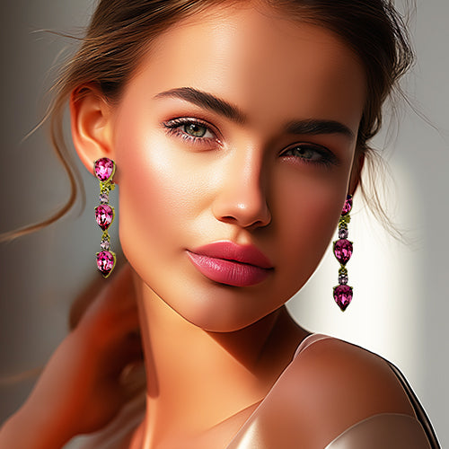 Oscar de la Renta Rose Pink Swarovski Crystal Drop Clip Earrings – Gold Plated