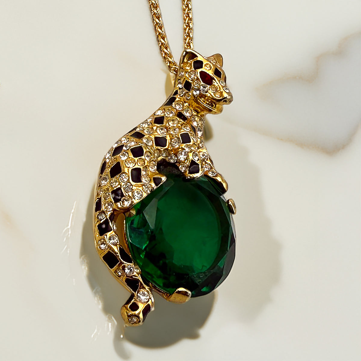 Kenneth Jay Lane Gold Swarovski Crystal Emerald Leopard Pendant Necklace