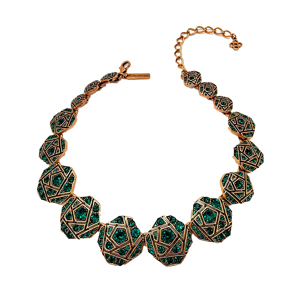 Oscar de la Renta Antique Gold Mosaic Necklace with Emerald Crystals, 17 Inches