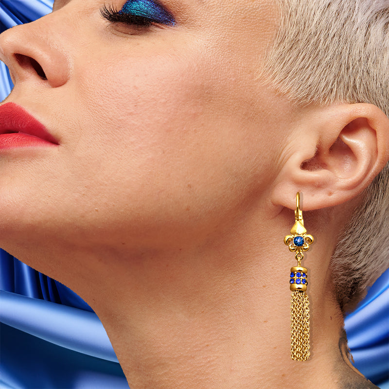 Ritzy Couture Fleur-de-Lis Capri Blue Tassel Leverback Earrings - Goldtone Luxury
