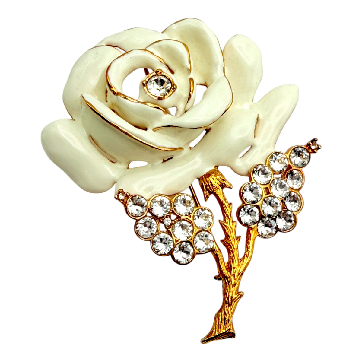 Kenneth Jay Lane Original Sample White Enamel Rose Brooch with Crystal Accents in Gold USA