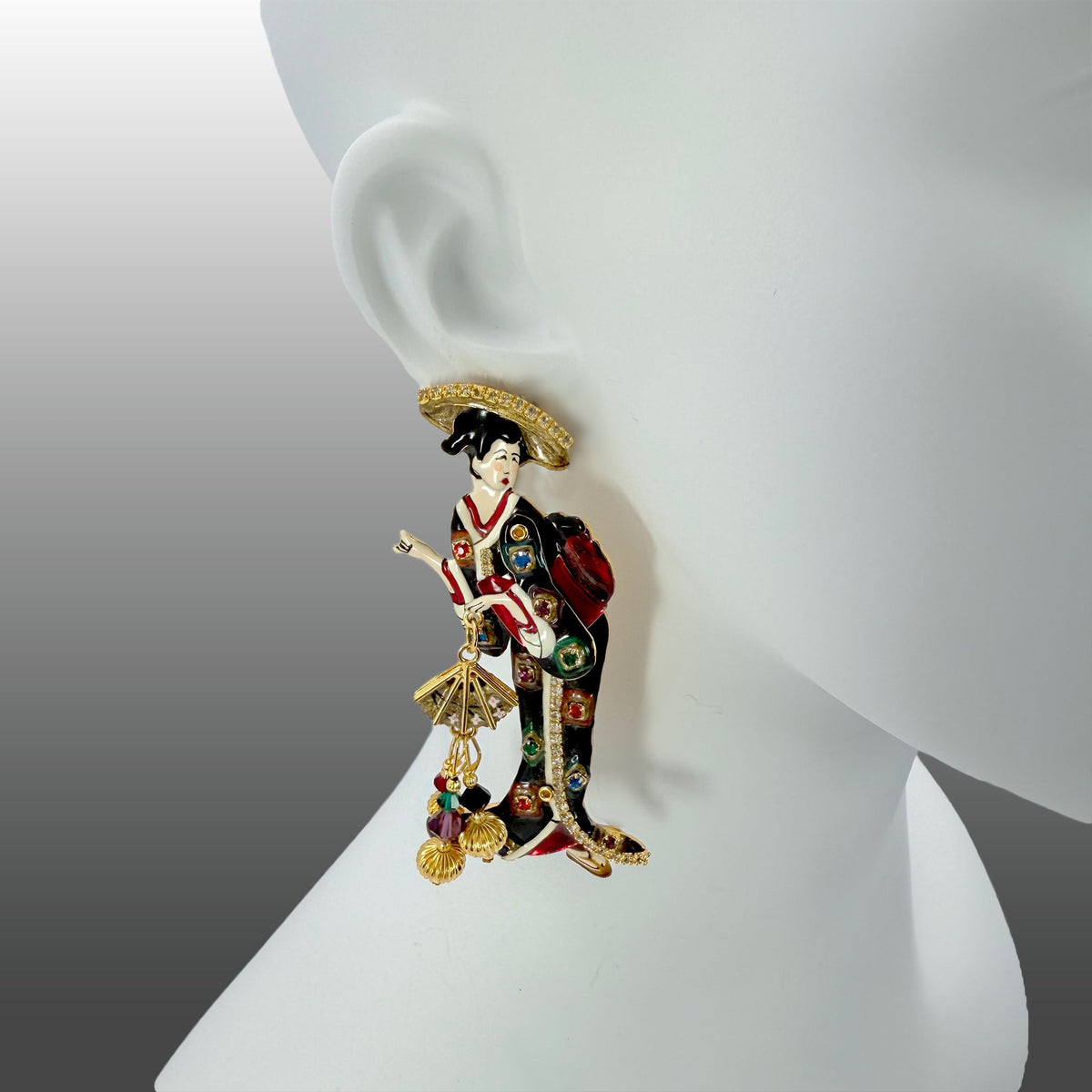 Lunch at The Ritz Geisha Asymmetrical Dangling Clip Earrings 22K Gold Plating