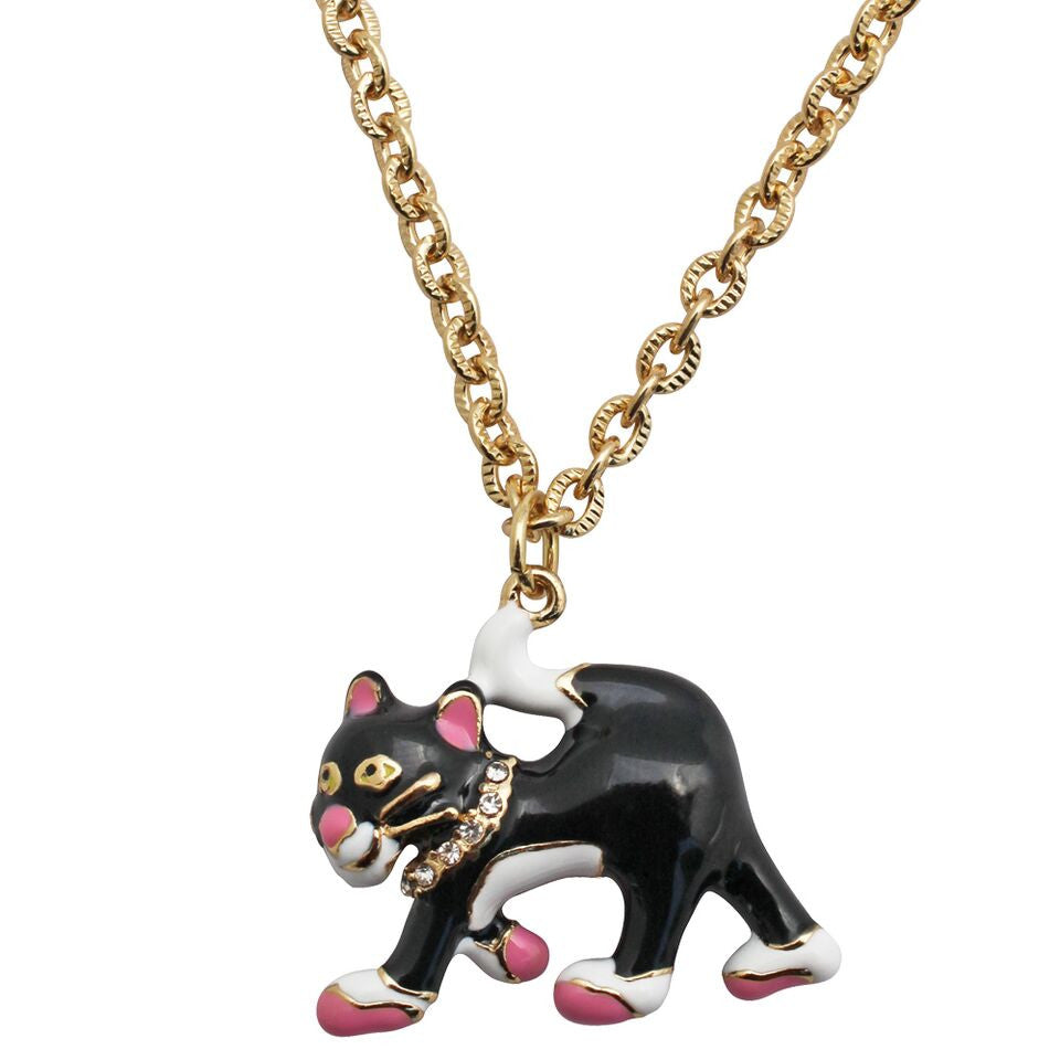 Ritzy Couture Black & White Cat Charm Necklace (Goldtone) - Black/Pink/White