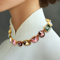 Oscar de la Renta Sherbet Multi-Color Austrian Crystal Necklace 22k Gold Plating