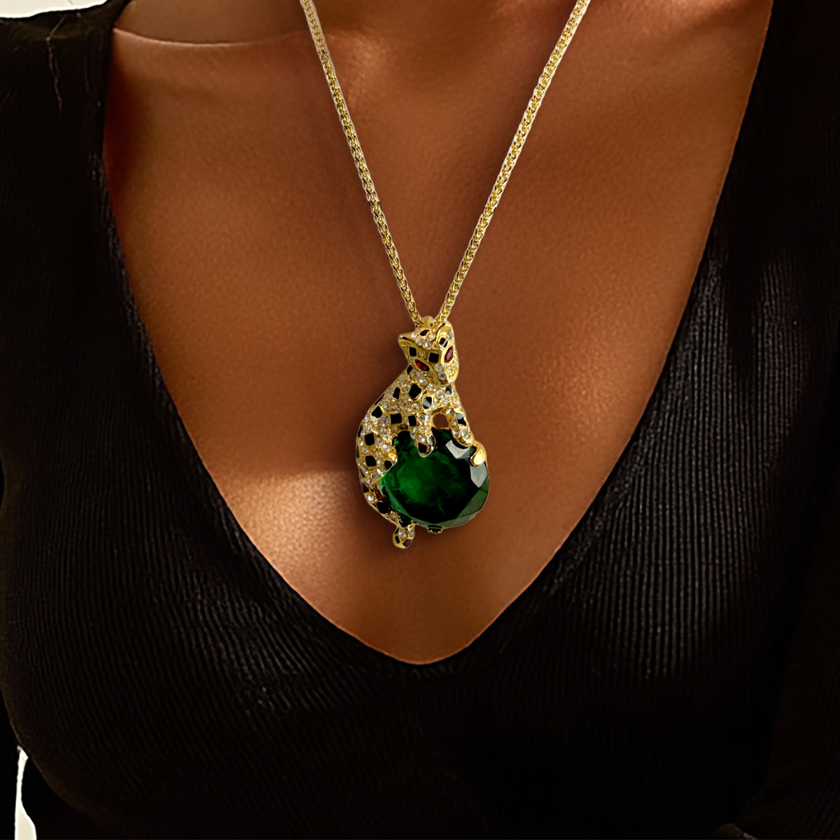Kenneth Jay Lane Gold Swarovski Crystal Emerald Leopard Pendant Necklace