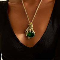 Kenneth Jay Lane Gold Swarovski Crystal Emerald Leopard Pendant Necklace