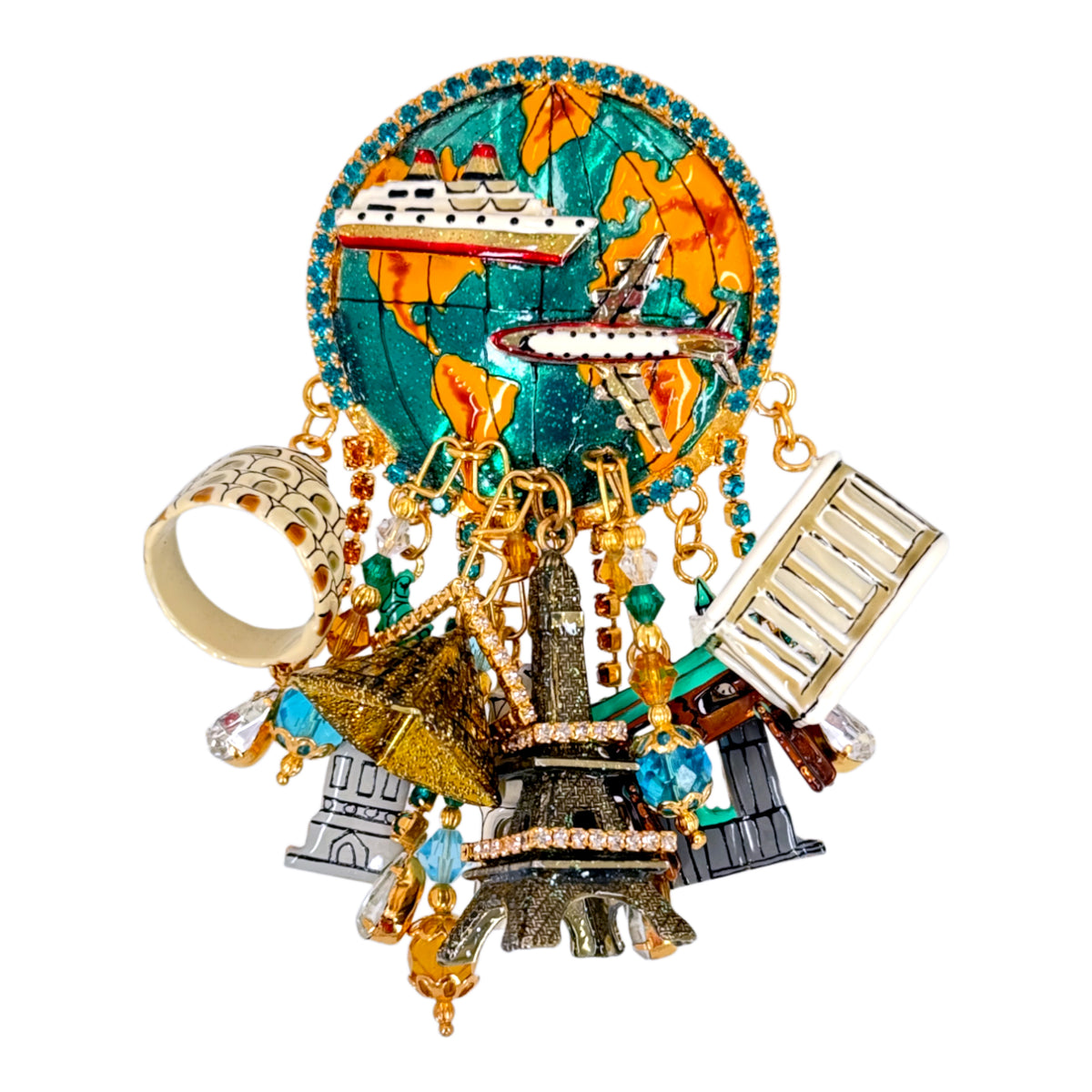 Lunch at The Ritz World Travel Brooch – Hand-Enameled Globe & Landmark Charm Pin