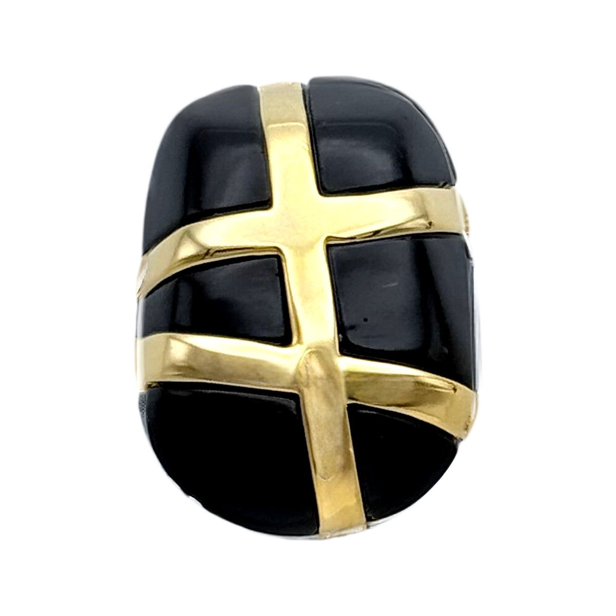 Kenneth Jay Lane 22k Gold Plated Black Resin Clip Earrings with Cross Band Motif