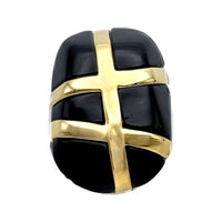 Kenneth Jay Lane 22k Gold Plated Black Resin Clip Earrings with Cross Band Motif