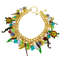 Lunch at The Ritz™ Dragonfly Lizard Turtle 22k Gold Plated Charm Bracelet 7"