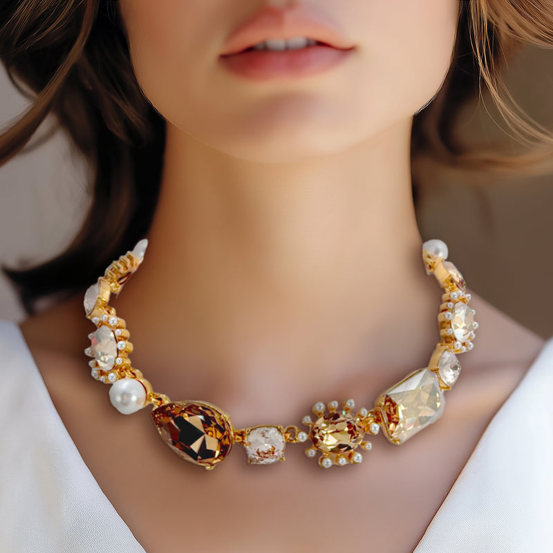 Oscar de la Renta Chunky Topaz Crystal and Glass Pearl Necklace, 15" + Extender