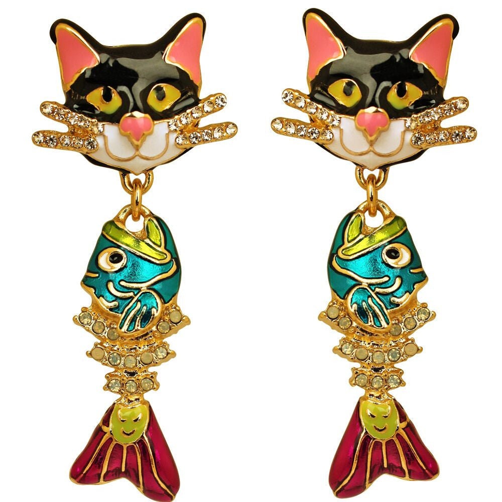Ritzy Couture Alley Cat & Fishbone Charm Earrings for Women Clip-on Earring (Goldtone)