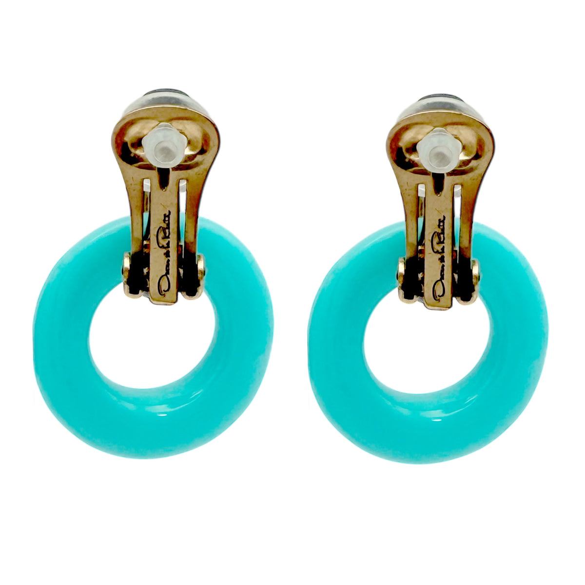 Oscar de la Renta Turquoise Resin Hoop Earrings Black Accent Gold Clip-On Rare