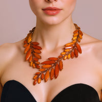 Oscar de la Renta 22K Gold Plated Orange Amber Resin Leaf Statement Necklace