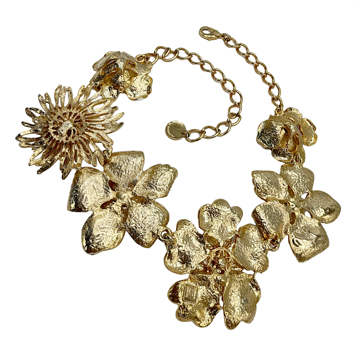 Carolina Herrera Gold Plate White Enamel Multi-Flower Black Crystal Bib Necklace