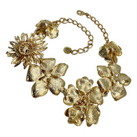 Carolina Herrera Gold Plate White Enamel Multi-Flower Black Crystal Bib Necklace