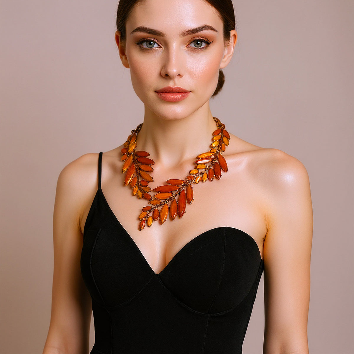 Oscar de la Renta 22K Gold Plated Orange Amber Resin Leaf Statement Necklace