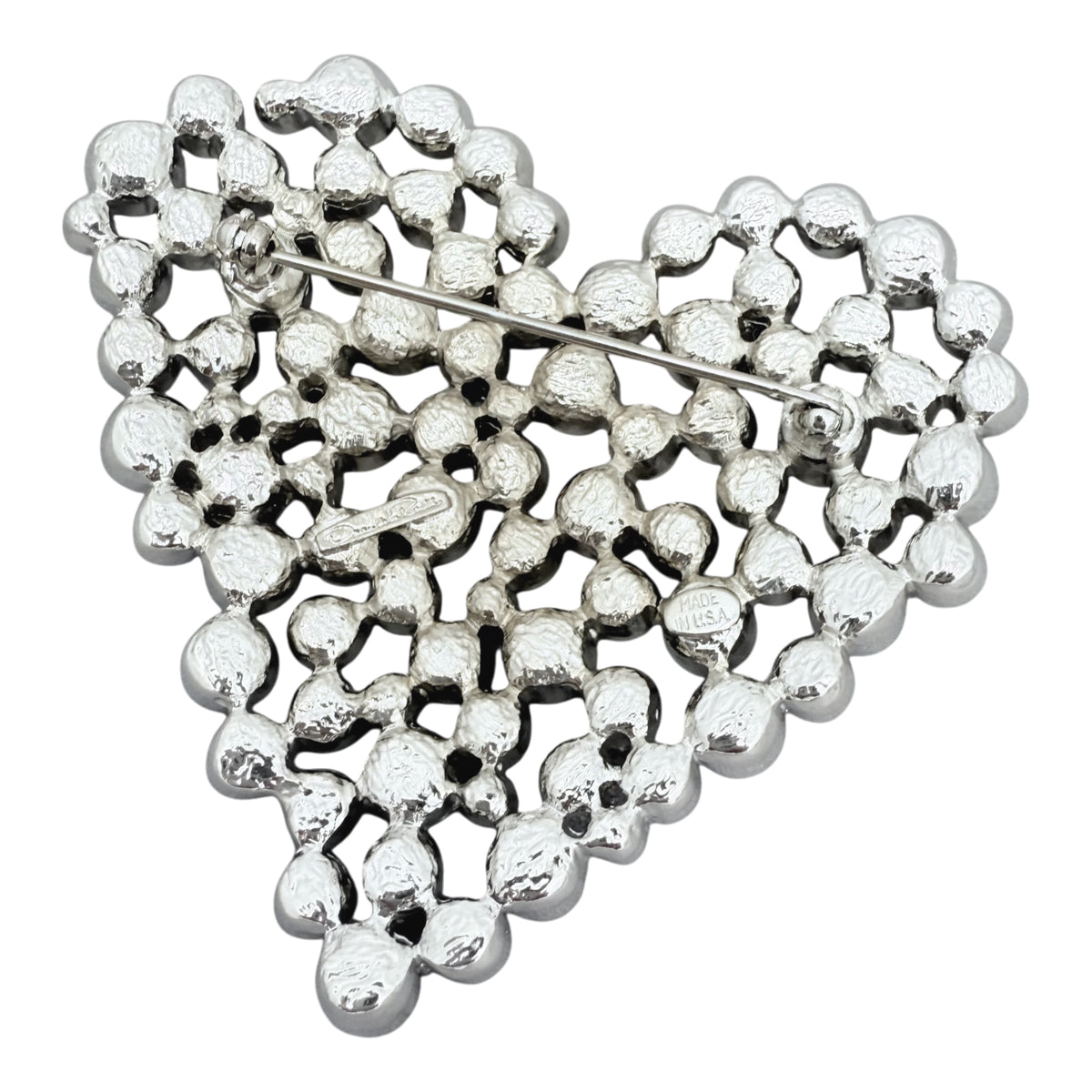 Oscar de la Renta Multi-Blue Austrian Crystal Open-Work Heart Brooch, 3” x 2.75”