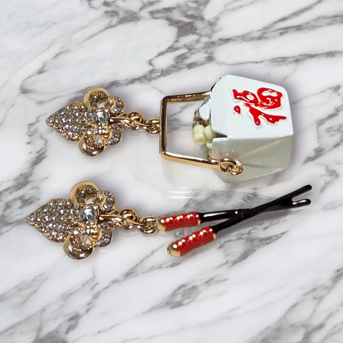 Ritzy Couture Chinese Take Out Container & Chopsticks Dangle Earrings Goldtone