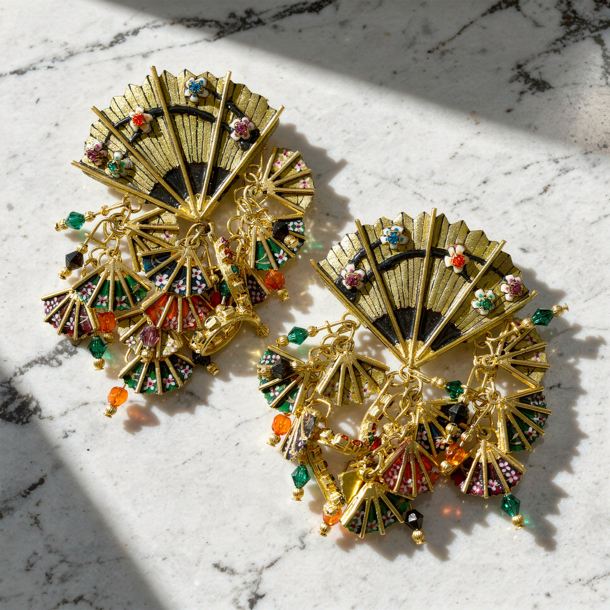 Vintage Lunch at The Ritz Fan Dance Earrings Dangling Enamel Crystal Statement