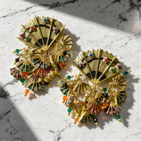 Vintage Lunch at The Ritz Fan Dance Earrings Dangling Enamel Crystal Statement